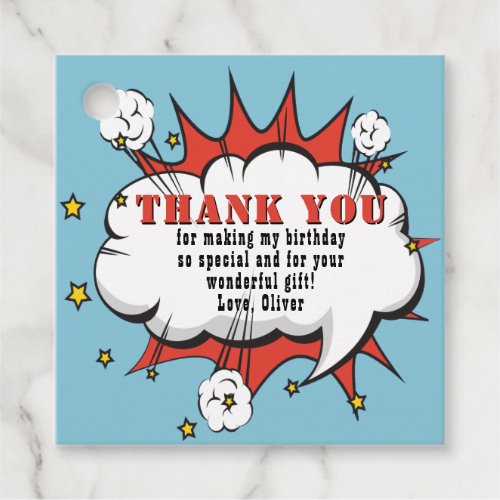 Superhero Comic Speech Bubble Birthday Thank you  Favor Tags