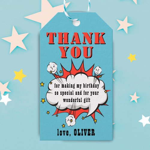 Superhero Comic Speech Bubble Birthday Thank you Gift Tags