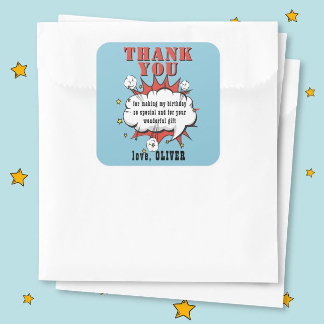 Superhero Comic Speech Bubble Birthday Thank you  Square Sticker (Creator Uploaded)
