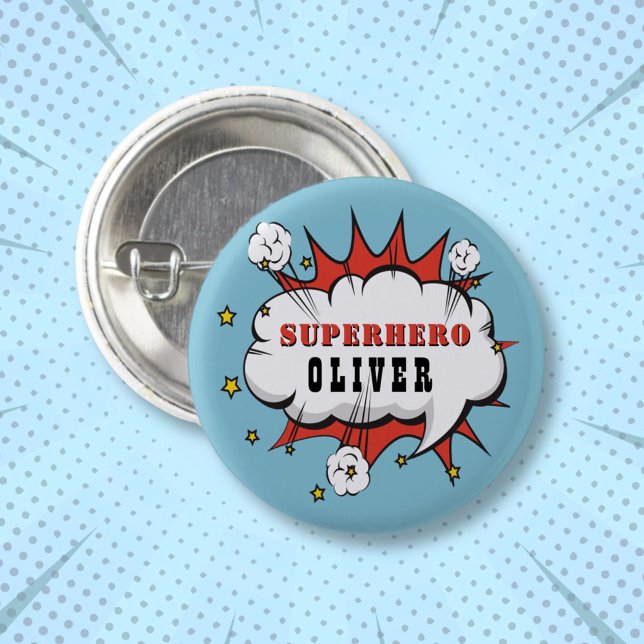 Superhero Comic Speech Bubble Boy Birthday Party  Button (Creator Uploaded)