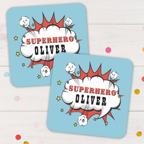 Superhero Comic Speech Bubble Boy Birthday Party  Square Paper Coaster