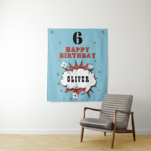 Superhero Comic Speech Bubble Boy Birthday Party Tapestry