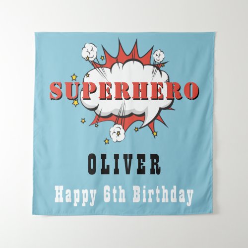 Superhero Comic Speech Bubble Boy Birthday Party Tapestry