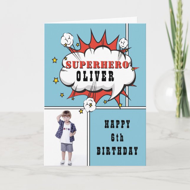 Superhero Comic Speech Bubble Boy Birthday Photo   Card (Front)