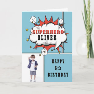 Superhero Comic Speech Bubble Boy Birthday Photo   Card