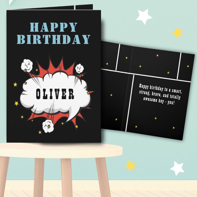 Superhero Comic Speech Bubble Boy Happy Birthday  Card (Creator Uploaded)
