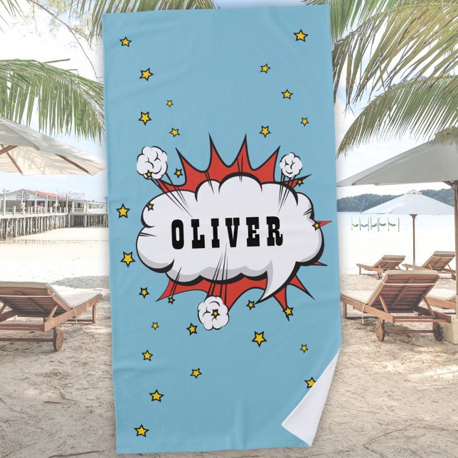 Superhero Comic Speech Bubble Boy Name Beach Towel (Creator Uploaded)