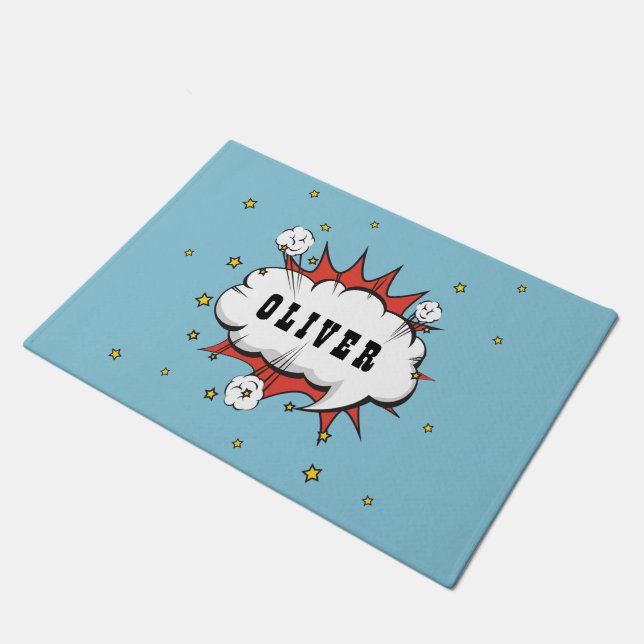 Superhero Comic Speech Bubble Boy Name Doormat (Angled)