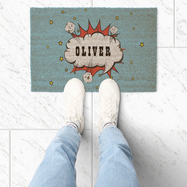 Superhero Comic Speech Bubble Boy Name  Fiber Doormat (Insitu)