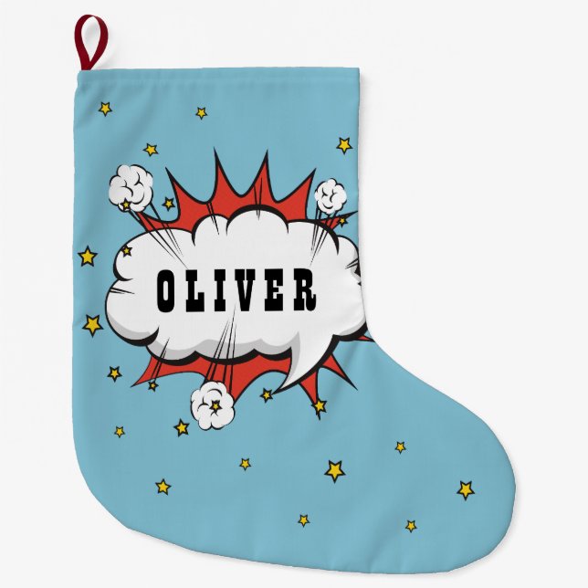 Superhero Comic Speech Bubble Boy Name Large Christmas Stocking (Front)