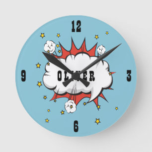 Superhero Comic Speech Bubble Boy Name Round Clock