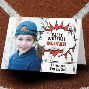 Superhero Comic Speech Bubble Boy Photo Birthday Card