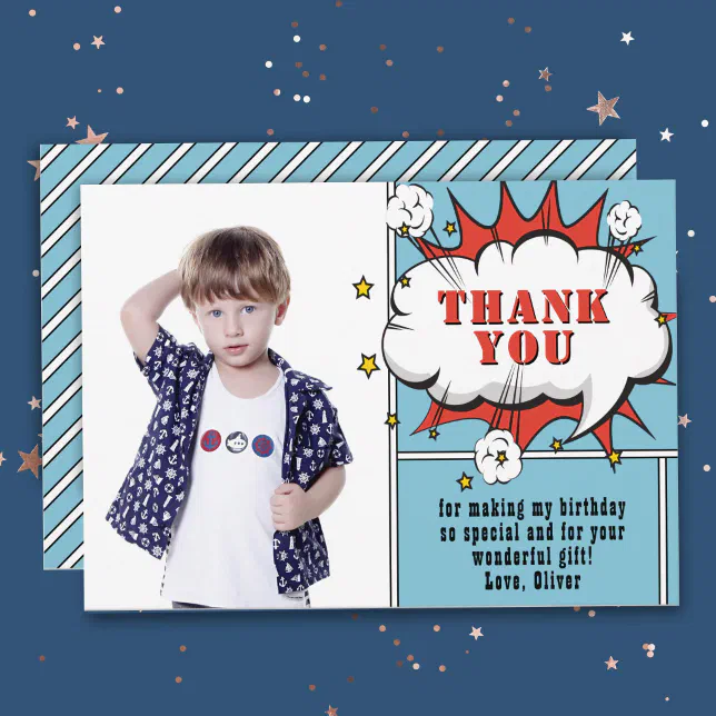 Superhero Comic Speech Bubble Boy Photo Birthday Thank You Card | Zazzle