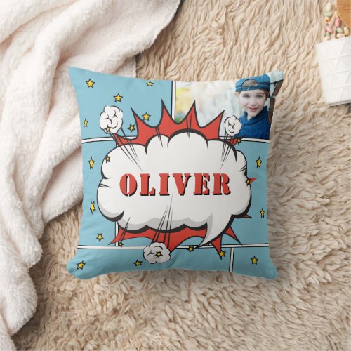 Superhero Comic Speech Bubble Boy Photo  Throw Pillow