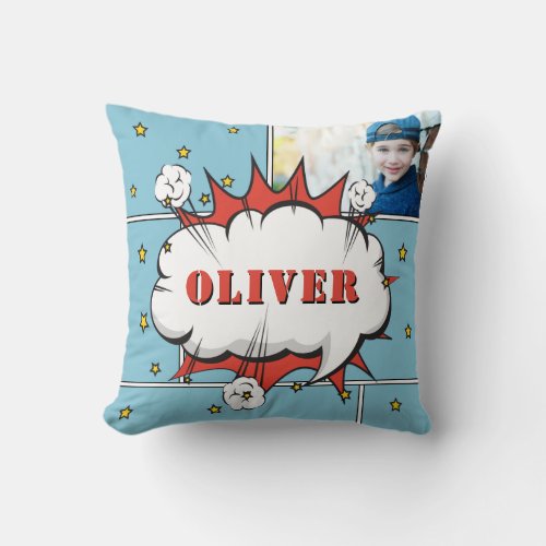 Superhero Comic Speech Bubble Boy Photo  Throw Pillow - Superhero Comic Speech Bubble Boy Photo Pillow. Add your photo and customize the name. Fun cartoon pillow for a boy.