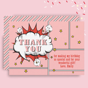 Superhero Comic Speech Bubble Pink Girl Birthday Thank You Card