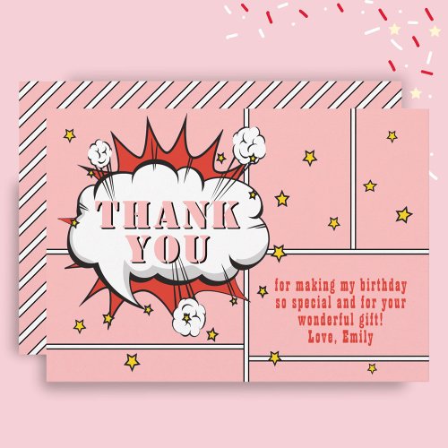 Superhero Comic Speech Bubble Pink Girl Birthday Thank You Card