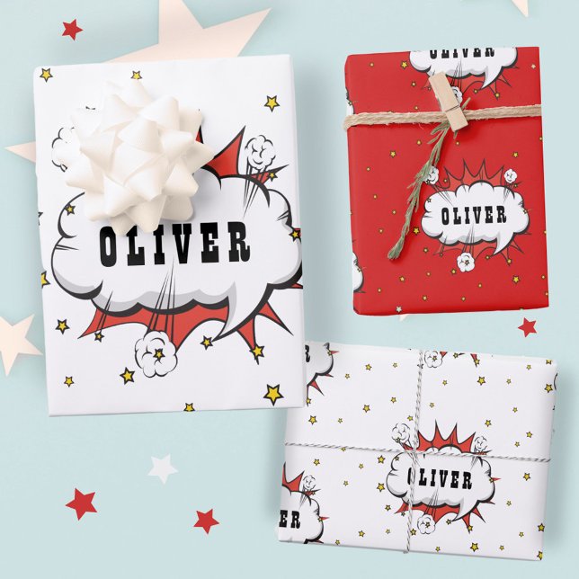 Superhero Comic Speech Bubble Red Boy Name Wrapping Paper Sheets (Creator Uploaded)