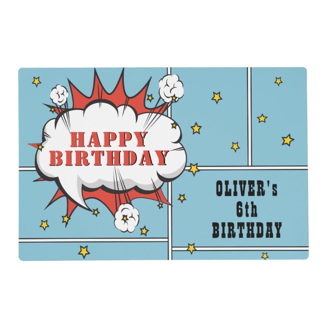 Superhero Comic Speech Cloud Boy Birthday Placemat (Front)