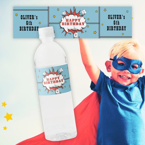 Superhero Comic Speech Cloud Boy Birthday Water Bottle Label