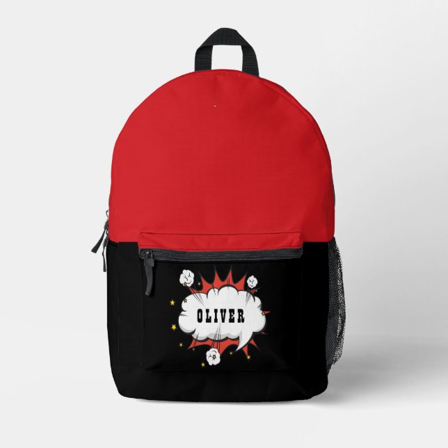 Superhero Comic Speech Cloud Boy Name Printed Backpack (Front)