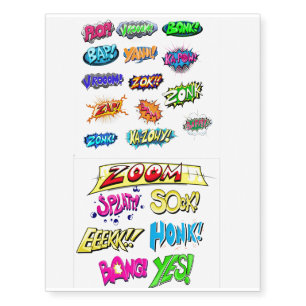 Superhero Comic Style Action Bubbles Temporary Tattoos