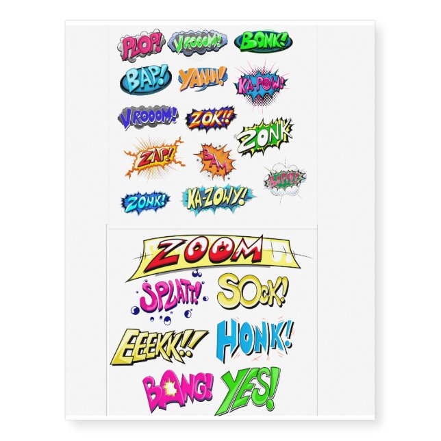 Superhero Comic Style Action Bubbles Temporary Tattoos (Front)