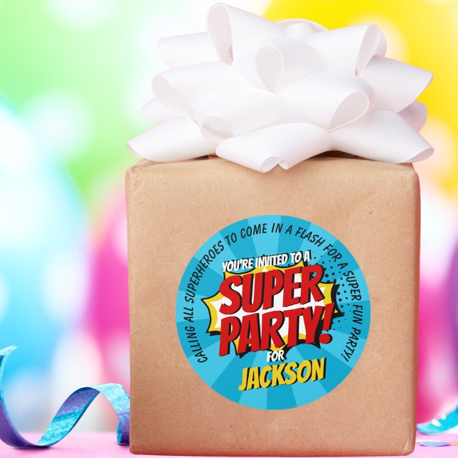 Superhero Comic Style Boy Birthday Blue  Classic Round Sticker (Creator Uploaded)