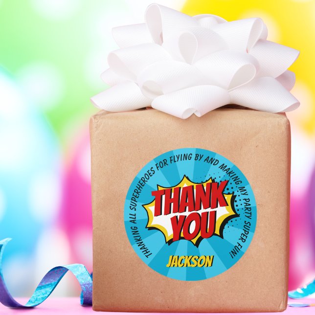 Superhero Comic Style Boy Birthday Blue Thank You Classic Round Sticker (Creator Uploaded)