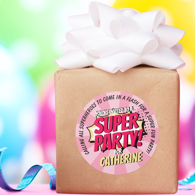 Superhero Comic Style Girl Birthday Pink Classic Round Sticker (Creator Uploaded)