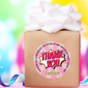 Superhero Comic Style Girl Birthday Pink Thank You Classic Round Sticker