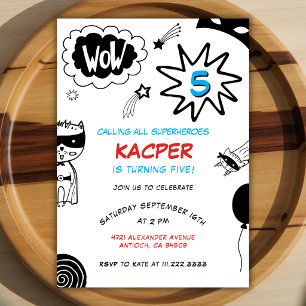 Superhero Comics Hand Drawn Black 5th Birthday  Invitation