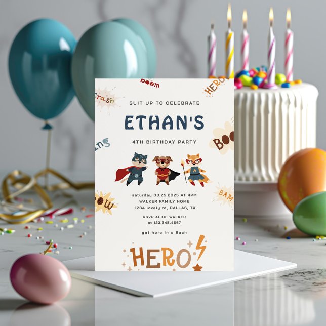 Superhero Cute Animals Kids Birthday Invitation (Creator Uploaded)