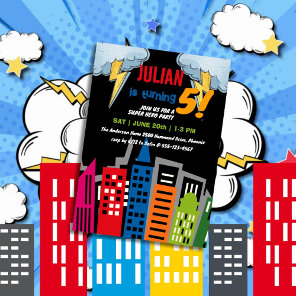 Superhero Dark City Building Explosion Birthday Invitation