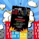 Superhero Dark City Building Theme Kids Birthday Invitation