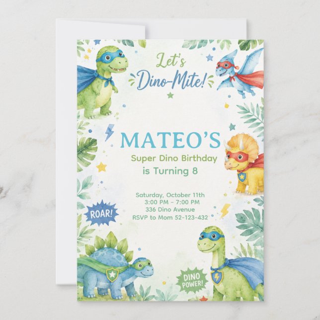 Superhero Dinosaur Watercolor Birthday Party Paste Invitation (Front)