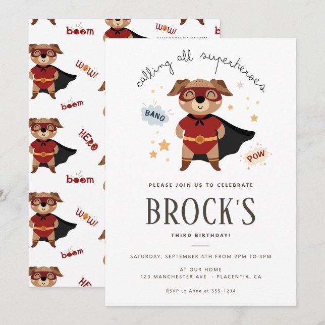 Superhero Dog Birthday Puppy Pawty  Invitation (Front/Back)