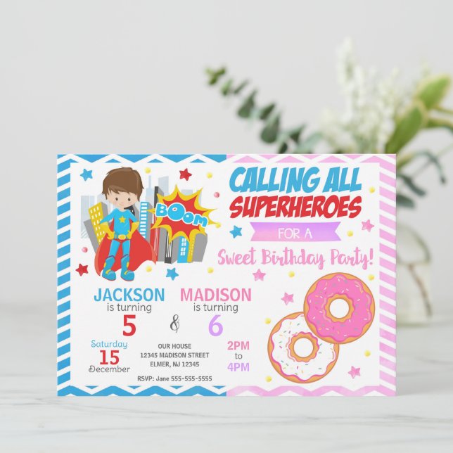 Superhero & Donut Joint Birthday Invitation (Standing Front)