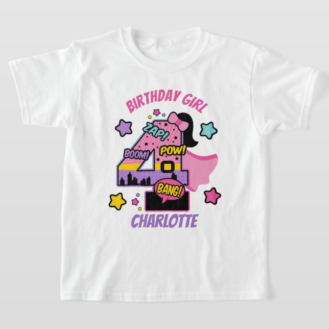 Superhero Fourth Birthday Girl 4th Super Girl T-Shirt (Laydown)
