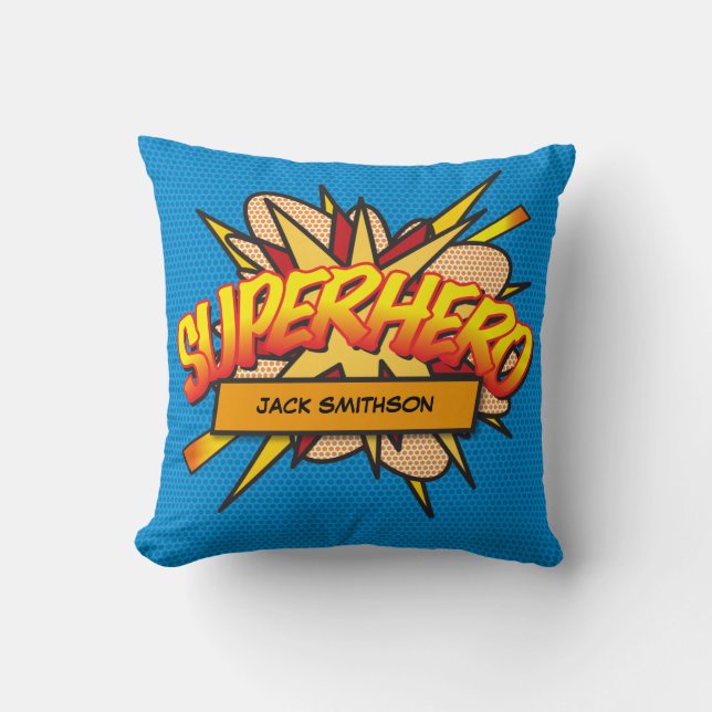 SUPERHERO Fun Retro Comic Book Pop Art Throw Pillow (Front)