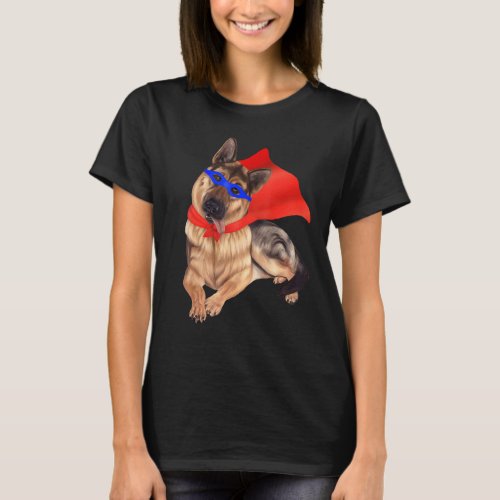 Superhero German Shepherd Dog In Mask And Cape T_Shirt