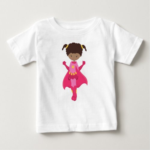 Superhero Girl African American Girl Pink Cape Baby T_Shirt