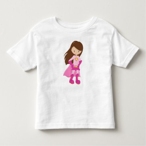 Superhero Girl Brown Hair Cute Girl Pink Cape Toddler T_shirt