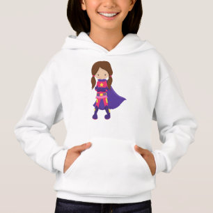 Superhero Girl, Brown Hair, Cute Girl, Purple Cape Hoodie