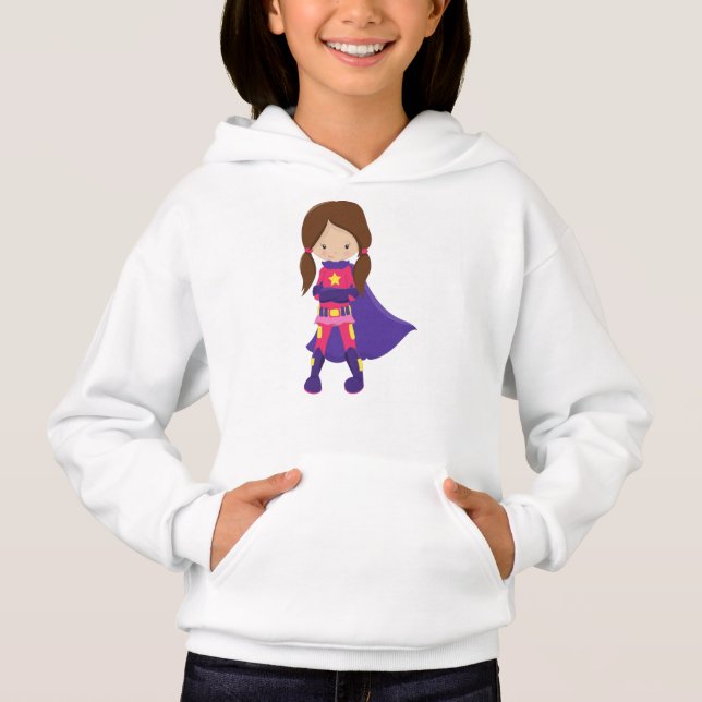 Superhero Girl, Brown Hair, Cute Girl, Purple Cape Hoodie (Front)