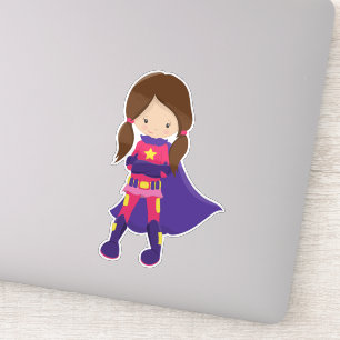 Superhero Girl, Brown Hair, Cute Girl, Purple Cape Sticker