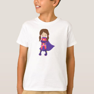 Superhero Girl, Brown Hair, Cute Girl, Purple Cape T-Shirt