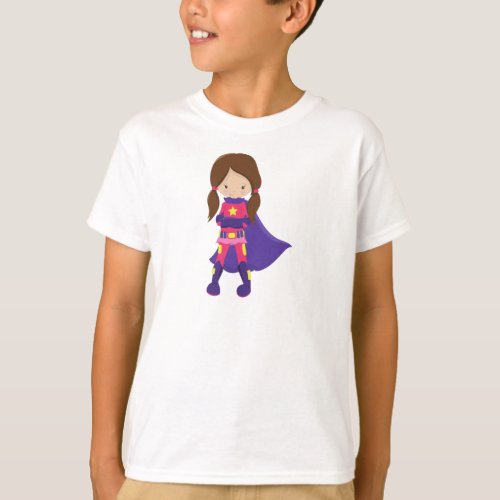 Superhero Girl Brown Hair Cute Girl Purple Cape T_Shirt