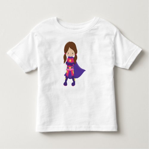 Superhero Girl Brown Hair Cute Girl Purple Cape Toddler T_shirt