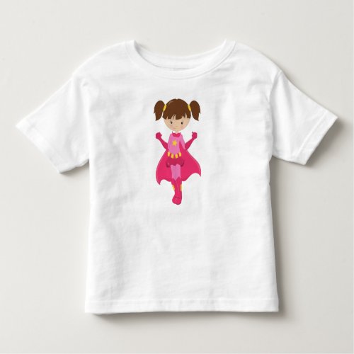 Superhero Girl Brown Hair Pink Cape Cute Girl Toddler T_shirt